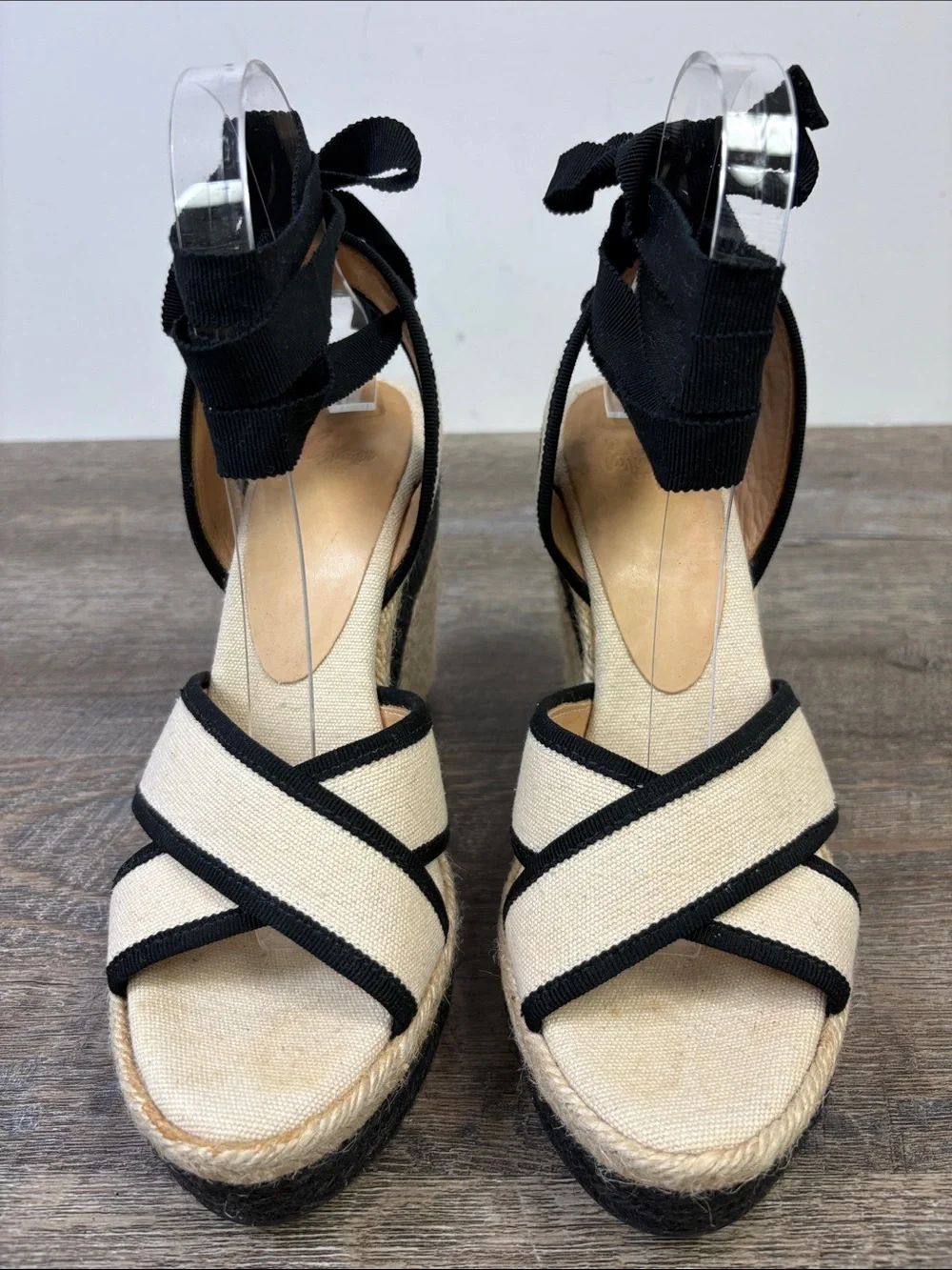 Castañer Canvas Espadrille Wedge Sandals Black Ivory Ankle Tie Size 38